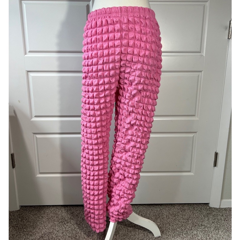 Bubble Popcorn Pants Women Pink Textured High Waist Stretchy Lounge Large‎